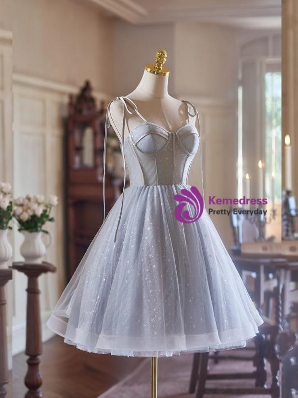 Gray Tulle Spaghetti Straps Homecoming Dress
