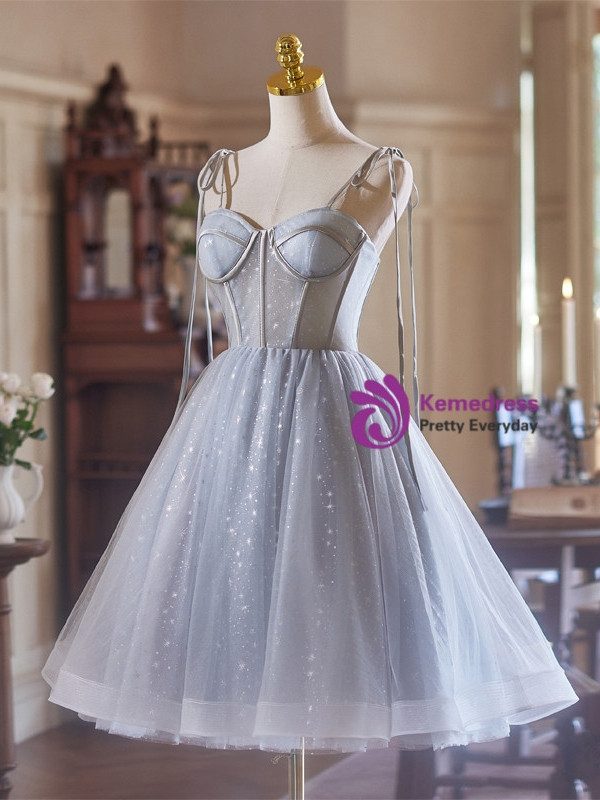 Gray Tulle Spaghetti Straps Homecoming Dress
