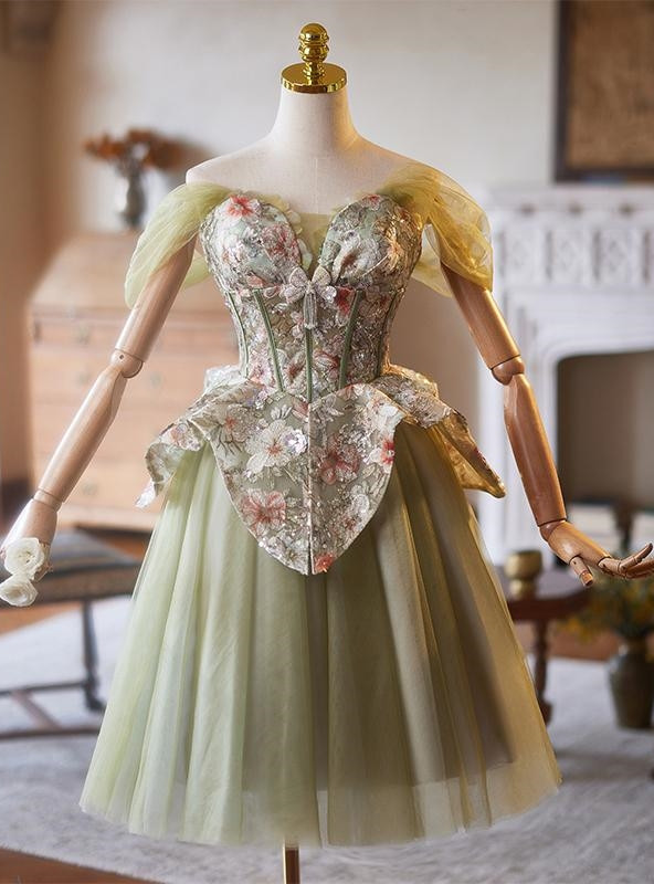 Green Tulle Embroidery Sequins Homecoming Dress