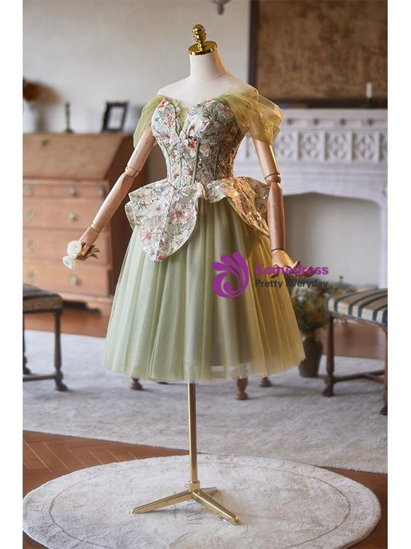 Green Tulle Embroidery Sequins Homecoming Dress