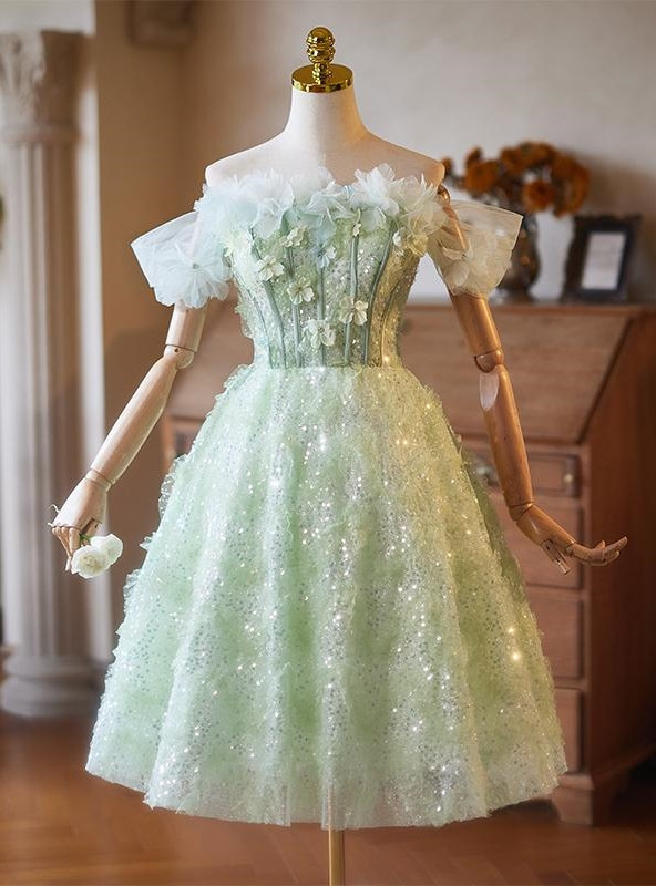 Green Sequins Appliques Homecoming Dress