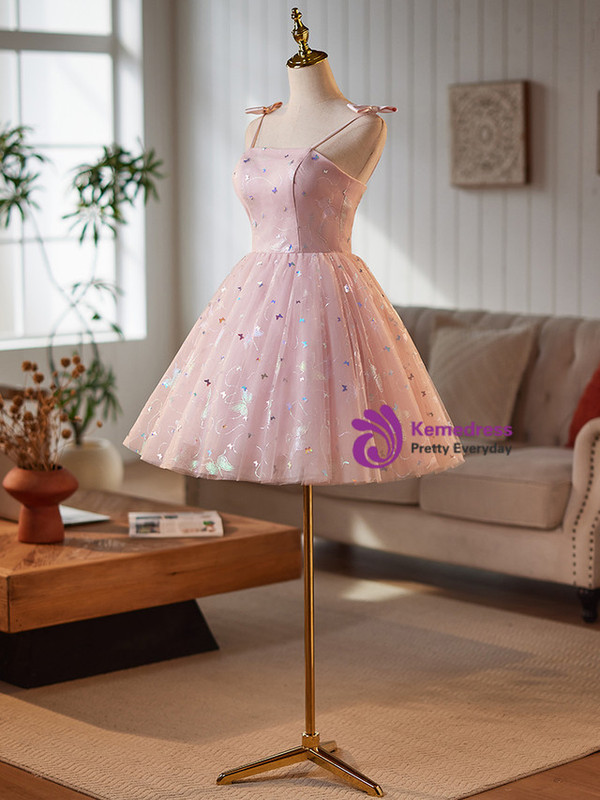 Pink Tulle Spaghetti Straps Butterfly Sequins Homecoming Dress