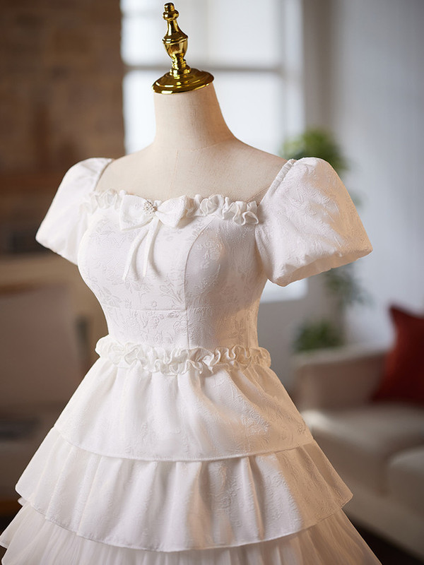 White Puff Sleeve Tiers Homecoming Dress