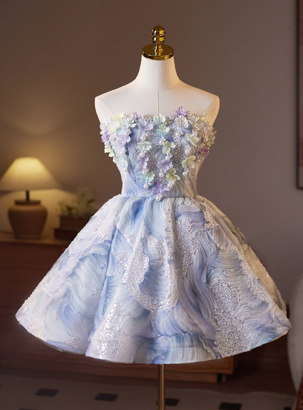 Blue Tulle Sequins Strapless Homecoming Dress