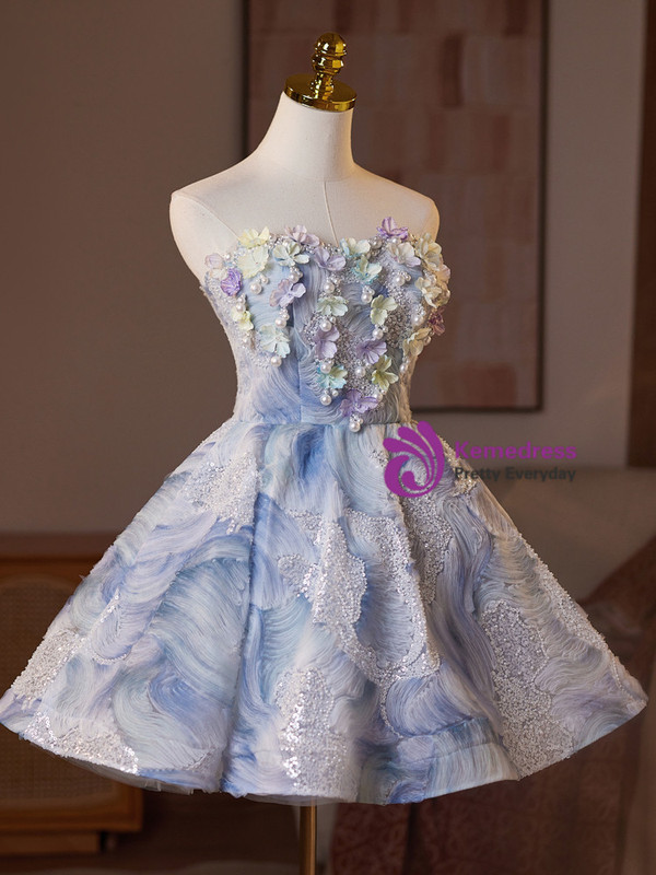 Blue Tulle Sequins Strapless Homecoming Dress