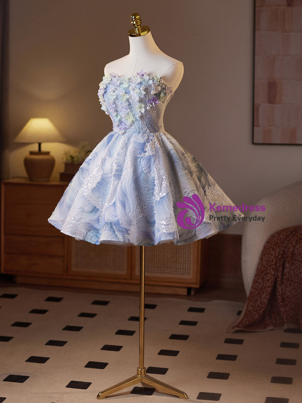 Blue Tulle Sequins Strapless Homecoming Dress