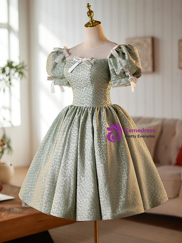 Green Puff Sleeve Bow Homecoming Dress