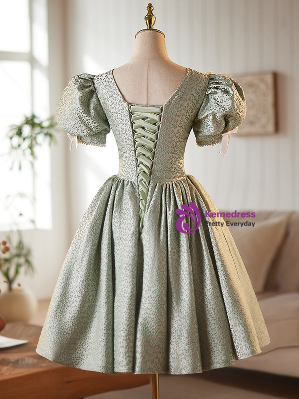 Green Puff Sleeve Bow Homecoming Dress