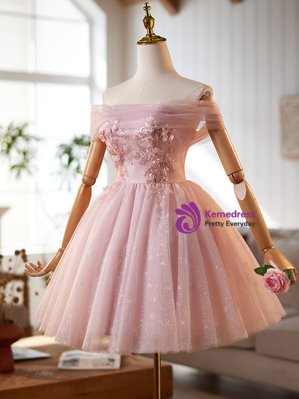 Pink Tulle Sequins Appliques Homecoming Dress