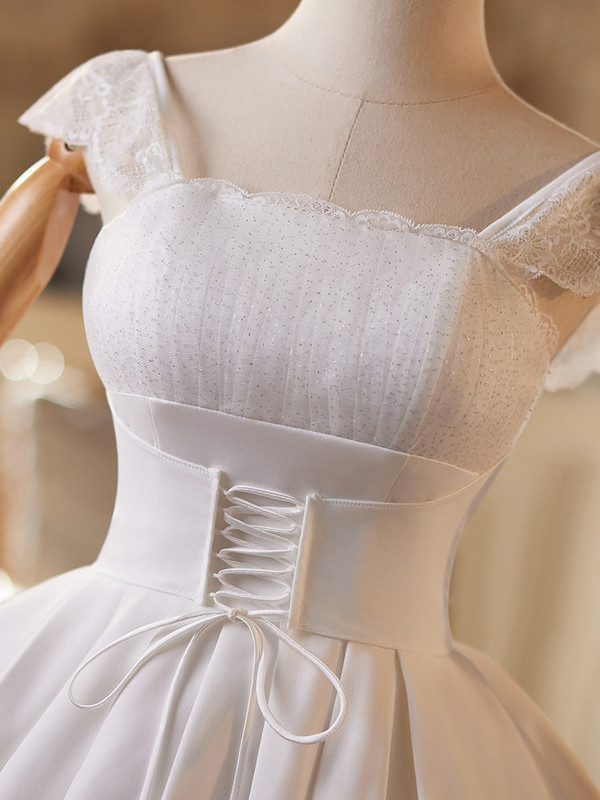 White Satin Lace Straps Wedding Dress