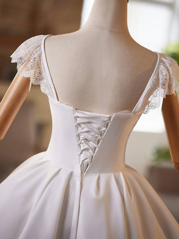 White Satin Lace Straps Wedding Dress