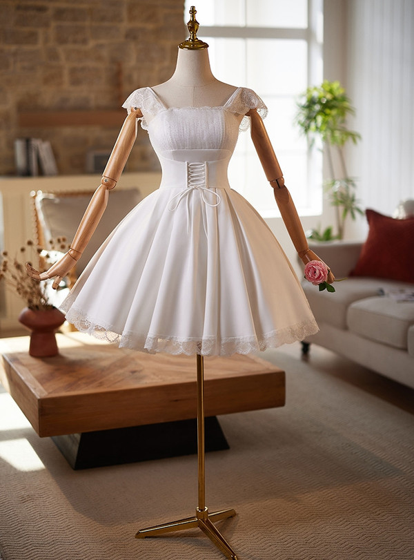 White Satin Lace Straps Wedding Dress