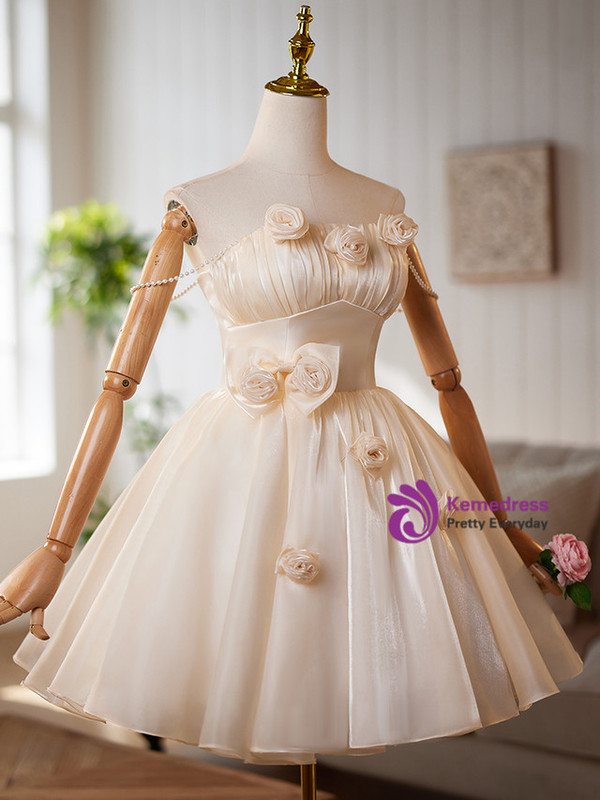 Champagne Tulle Pleats Flower Homecoming Dress