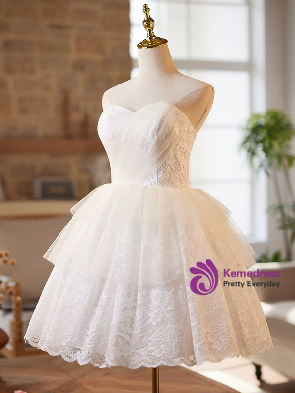 White Tulle Lace Pleats Homecoming Dress