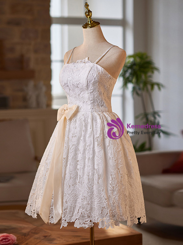 White Lace Straps Homecoming Dress