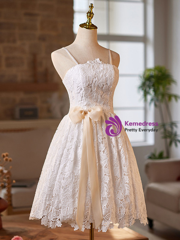 White Lace Straps Homecoming Dress