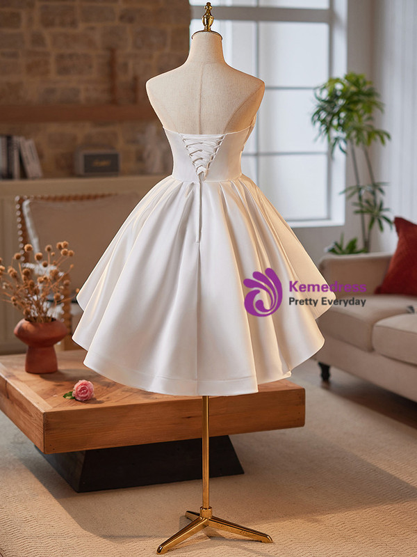 Simple White Satin Strapless Homecoming Dress