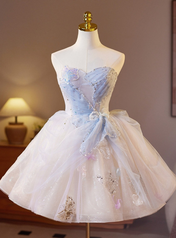 Blue Tulle Strapless Pleats Homecoming Dress