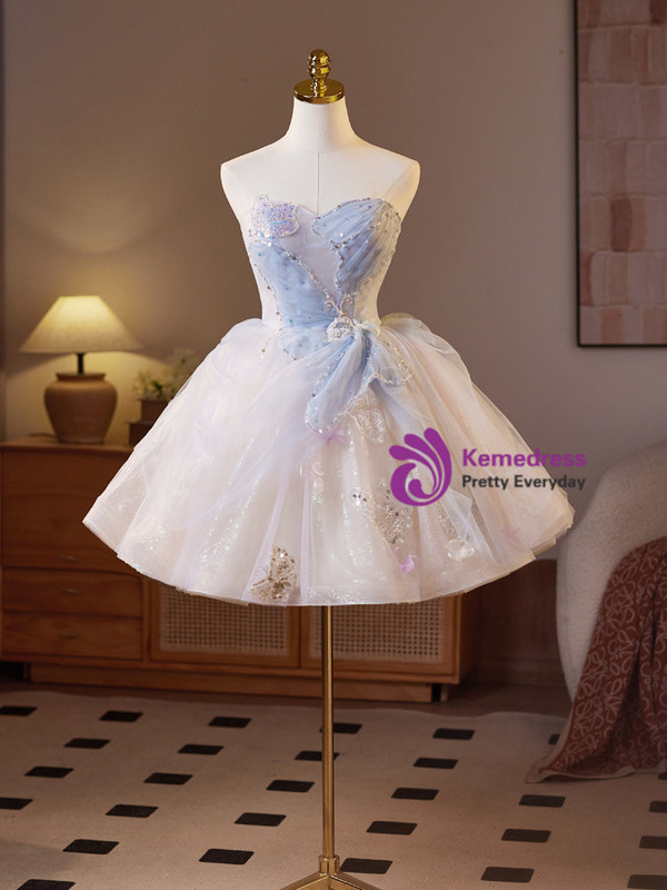 Blue Tulle Strapless Pleats Homecoming Dress