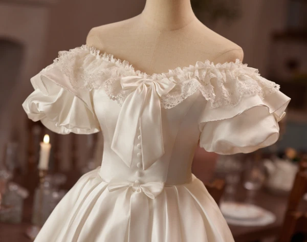 White Satin Puff Sleeve Lace Homecoming Dress
