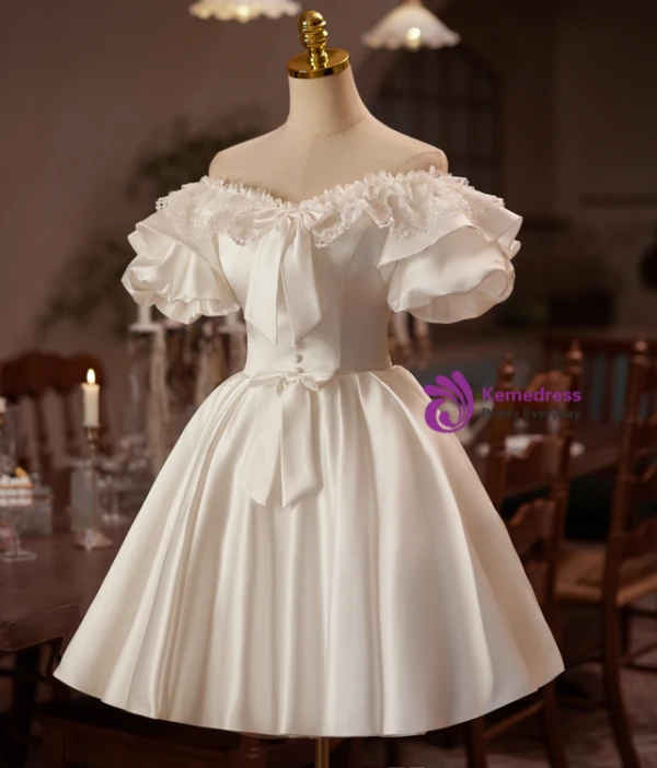 White Satin Puff Sleeve Lace Homecoming Dress