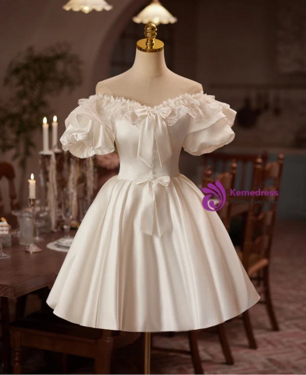 White Satin Puff Sleeve Lace Homecoming Dress