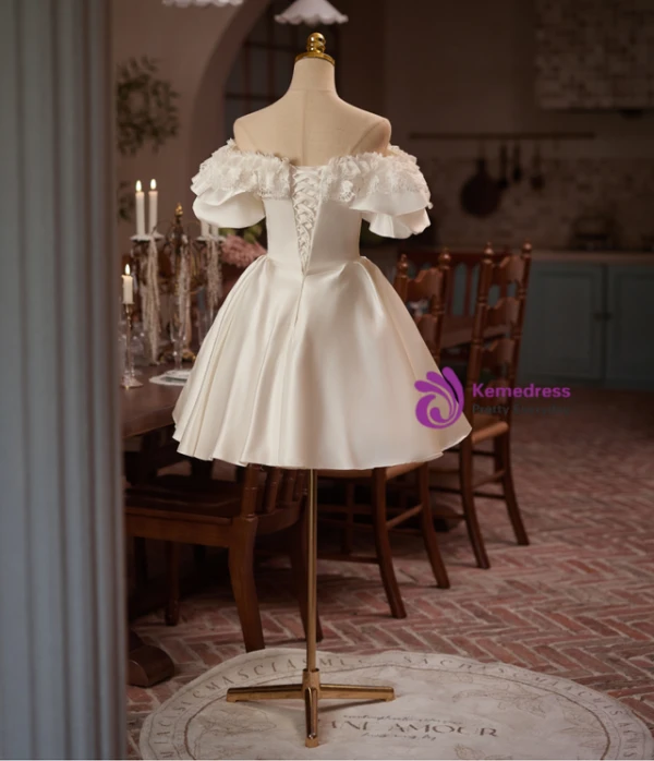 White Satin Puff Sleeve Lace Homecoming Dress