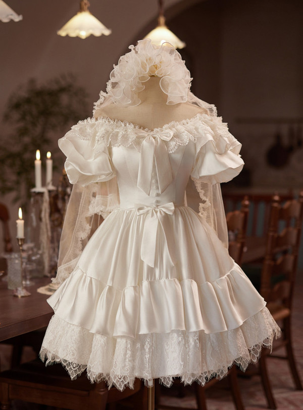 White Satin Lace Short Sleeve Homecoming Dress