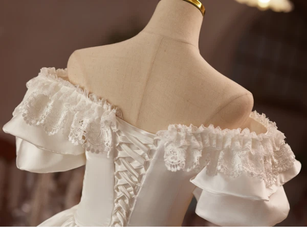 White Satin Lace Short Sleeve Homecoming Dress
