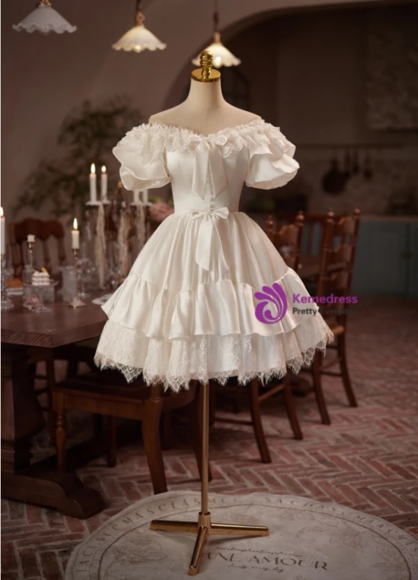 White Satin Lace Short Sleeve Homecoming Dress