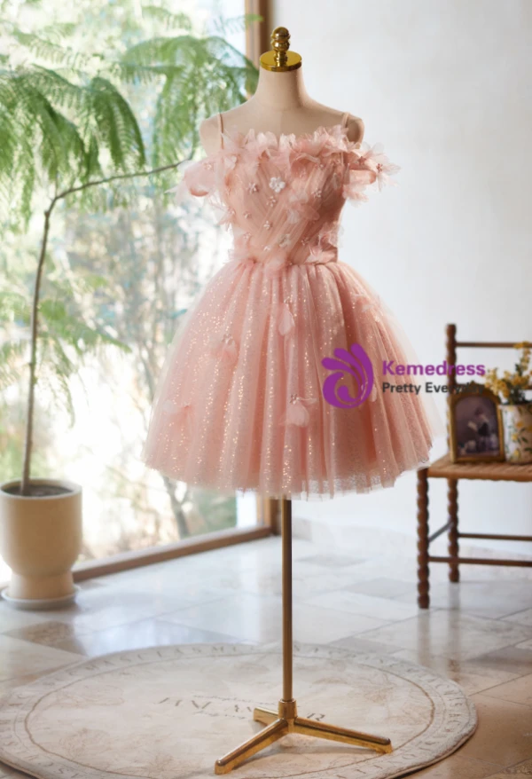 Pink Tulle Sequins Pleats Homecoming Dress