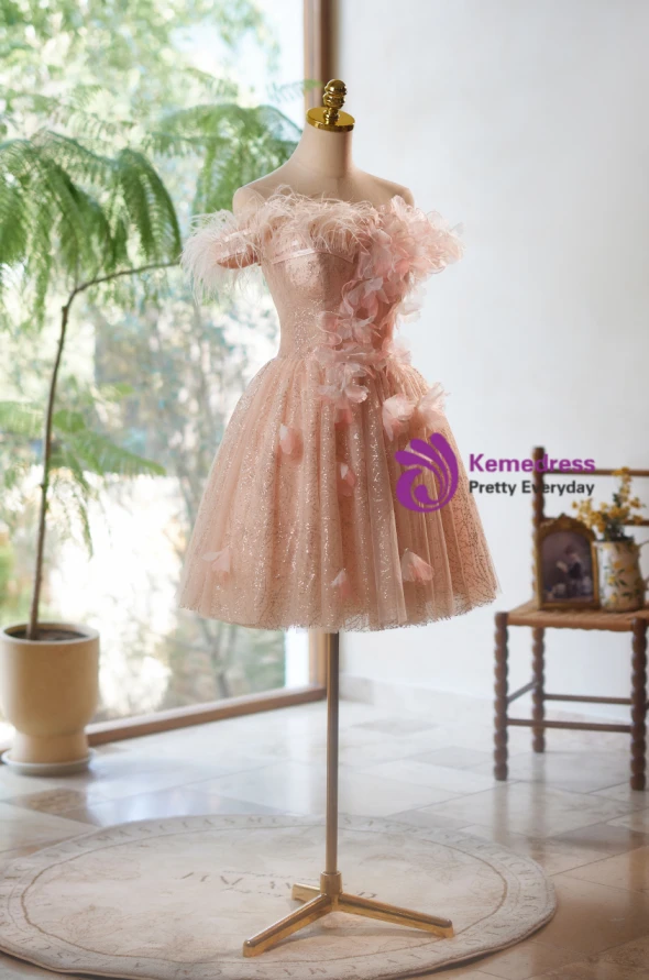Pink Tulle Sequins Flower Homecoming Dress