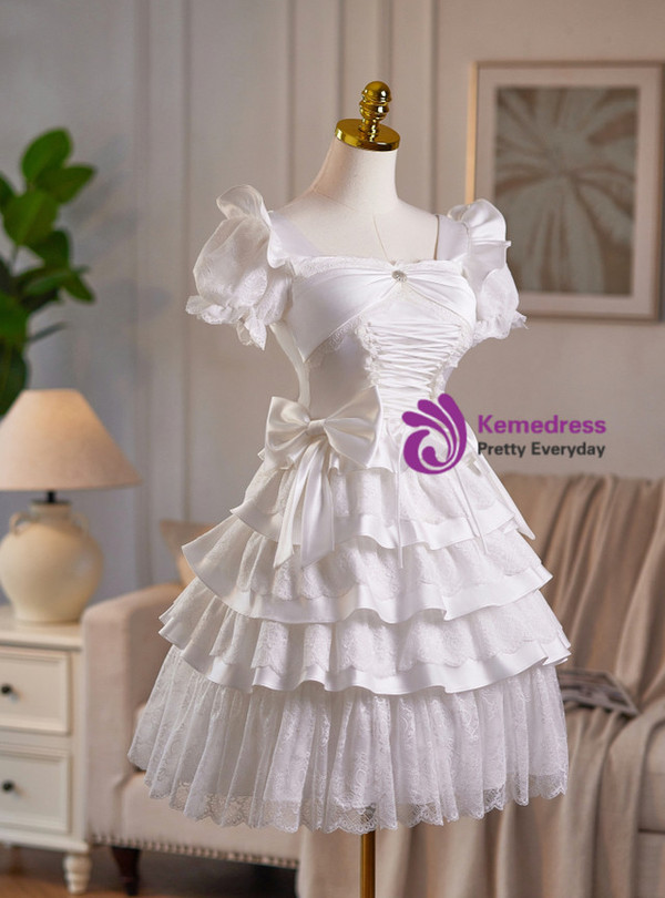 A-Line White Satin Bow Homecoming Dress