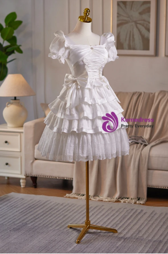 A-Line White Satin Bow Homecoming Dress