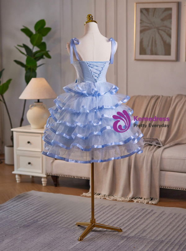 Blue Tulle Straps Bow Tiers Homecoming Dress