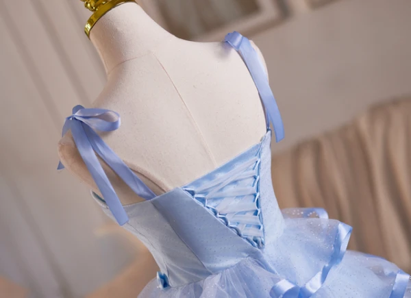 Blue Tulle Straps Bow Tiers Homecoming Dress