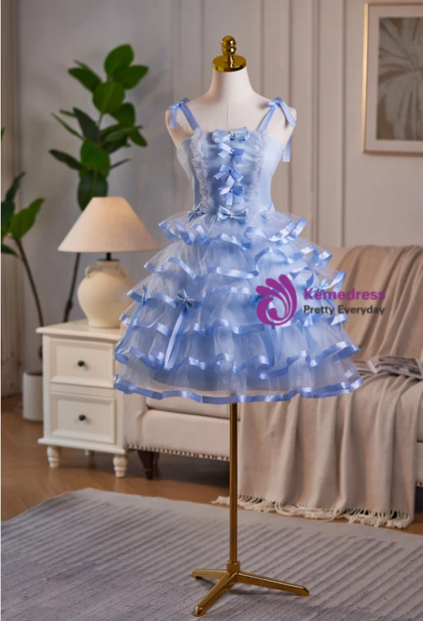 Blue Tulle Straps Bow Tiers Homecoming Dress