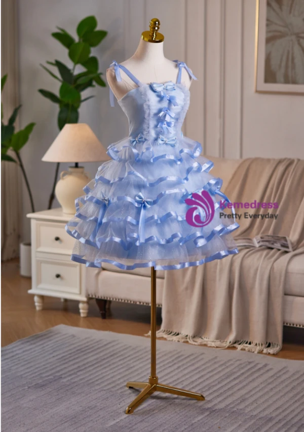 Blue Tulle Straps Bow Tiers Homecoming Dress