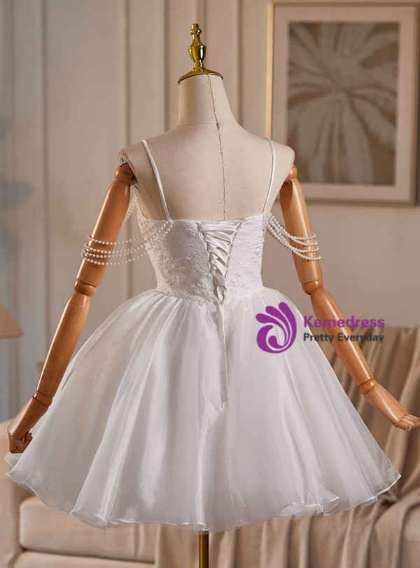 White Tulle Straps Pearls Homecoming Dress