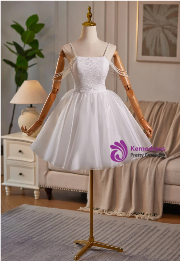White Tulle Straps Pearls Homecoming Dress