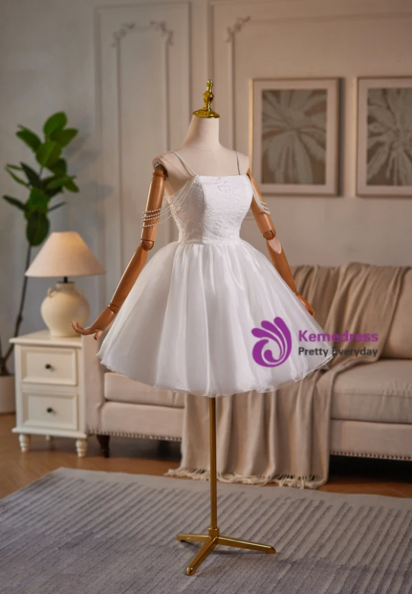 White Tulle Straps Pearls Homecoming Dress