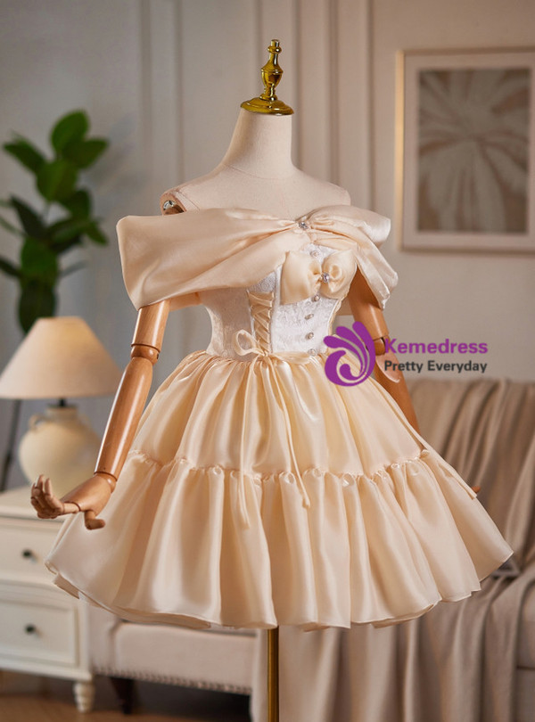 Champagne Off the Shoulder Bow Homecoming Dress