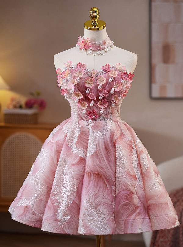 Pink Sequins Tulle Strapless Flower Homecoming Dress