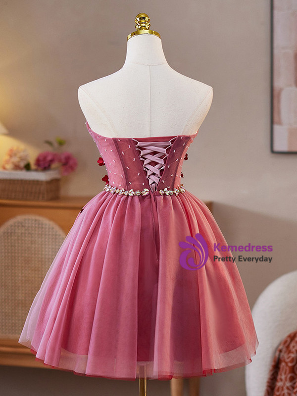 Burgundy Tulle Flower Beading Crystal Homecoming Dress