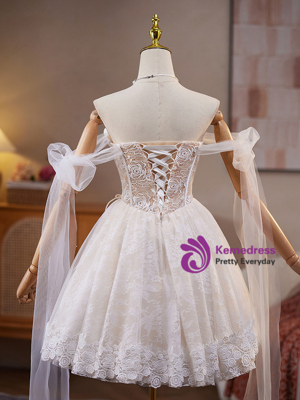 White Lace Off the Shoulder Pearls Homecoming Dress