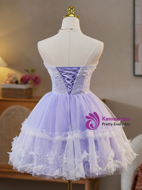 Purple Tulle Strapless Lace Homecoming Dress