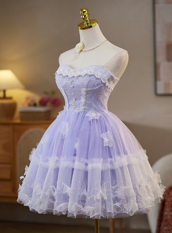 Purple Tulle Strapless Lace Homecoming Dress