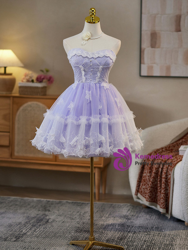 Purple Tulle Strapless Lace Homecoming Dress
