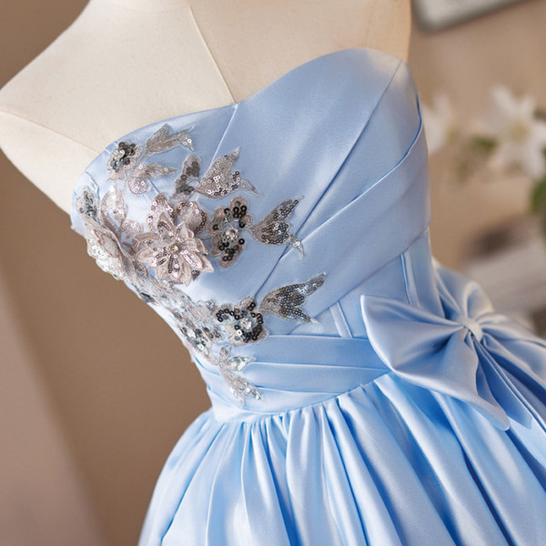 Blue Satin Strapless Sequins Bow Homecoming Dress