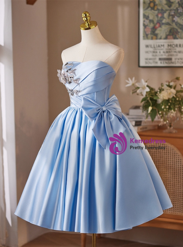 Blue Satin Strapless Sequins Bow Homecoming Dress